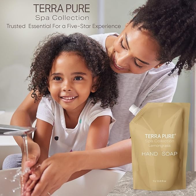 Terra Pure Spa Collection 1 Liter Hand Wash Refill Bag For Soap Dispensers | Bulk Toiletries for Vacation Rentals, and Home Bathroom Showers | Green Tea Lemongrass | Single-VivaGrace Women