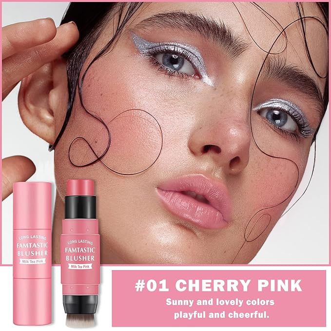 Cream Blush Stick with Brush,Waterproof Blush Makeup,Long Lasting 3 In 1 Cheek Blush & Lip Tint & Eye Shadow Makeup Stick,Easy To Use Blends Effortlessly,Cream Blush Makeup for All Skin Tones - Cherry Pink-VivaGrace Women