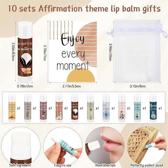 Mental Health Awareness Gifts Lip Balm Bulk Inspirational Lip Balm with Positive Daily Affirmation Cards Self Care Gifts Gifts for Women Men Stress Relief Family Reunion Favor(10 Sets)-VivaGrace Women