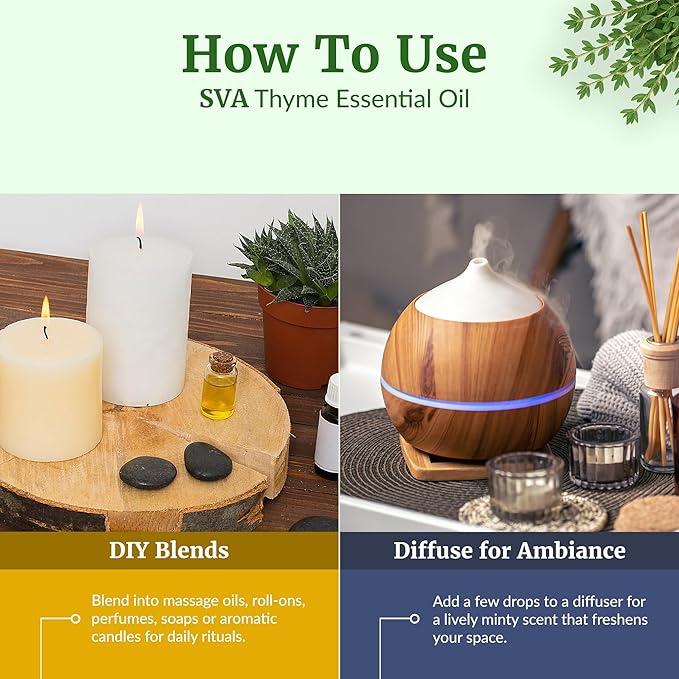 SVA Thyme Essential Oil – 4 Fl Oz – 100% Natural Thyme Oil - for Diffuser, Hair Care, Face, Skin Care, Aromatherapy, Scalp and Body Massage, Soap and Candle Making – with Dropper-VivaGrace Women