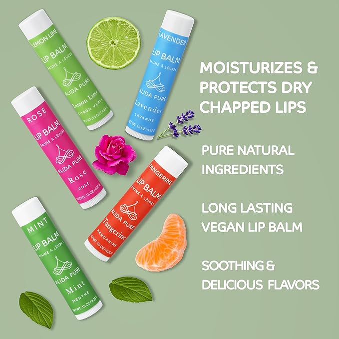 Aria Lip Balm Collection, Vegan Lip Balm Set, Beeswax Free, with Avocado Oil, Organic Jojoba Oil, and Vitamin E, Natural Moisturizer for Dry, Chapped Lips, 5 Tube Set-VivaGrace Women