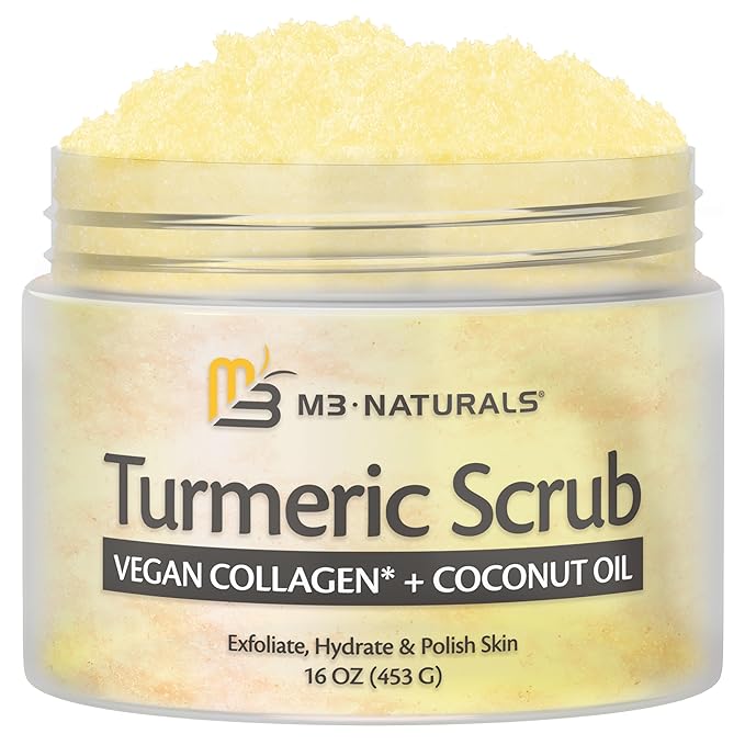 Exfoliating Turmeric Scrub and Skin Exfoliator with Collagen and Coconut Oil, Gently Exfoliates Face, Body, Hands, and Feet, Moisturizing Skincare, 16 oz by M3 Naturals-VivaGrace Women