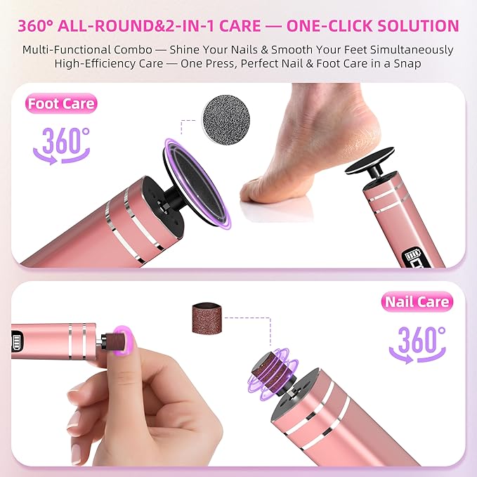 2 in 1 Electric Foot Callus Remover,9 Adjustable Speeds Rechargeable Electric Dead Skin Sander Pedicure Tools with Sandpaper Disk and Nail Drill Bits,Grinding Heads for Women&Men-VivaGrace Women