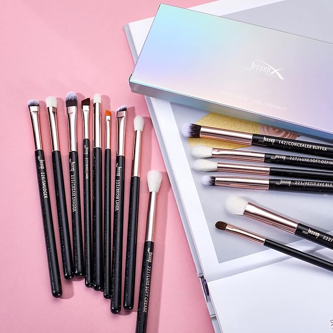 Jessup 15Pcs Professional Makeup Brushes Set Make up Brush Tools kit Eye Liner Shader Wood Handle Natural-synthetic Hair Brushes Pearl Black/Rose Gold T157-VivaGrace Women