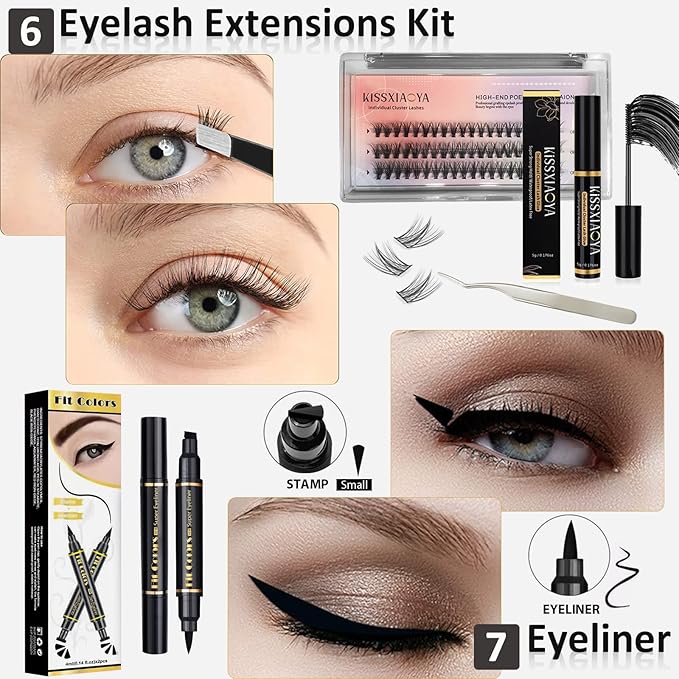 All In One Makeup Essential Starter Kit for Beginners or Pros, 18 Colors Naked Eyeshadow Palette Nude Face Primer, Brush, Sponge, Eyebrow Powder, Winged Eyeliner Stamp (SetA)-VivaGrace Women