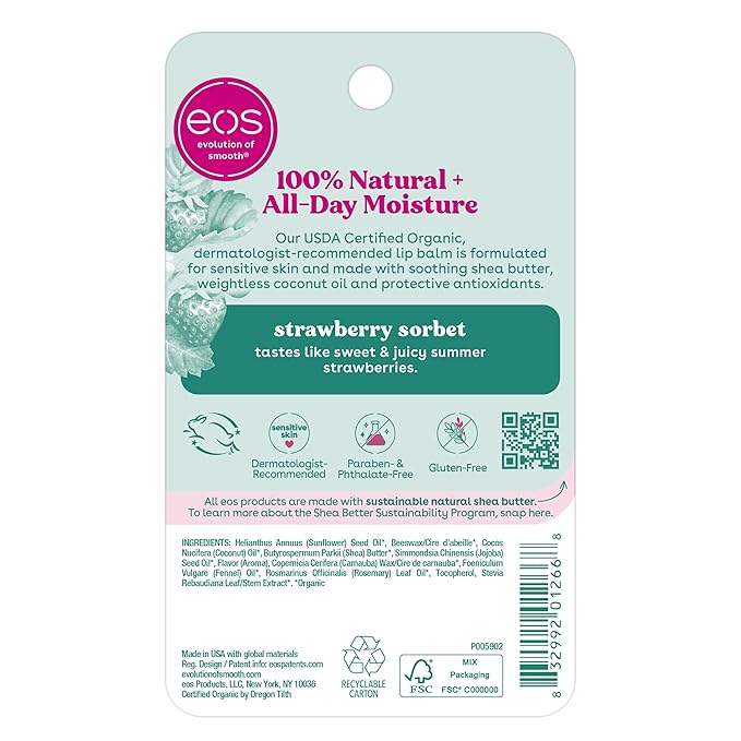eos 100% Natural & Organic Lip Balm- Strawberry Sorbet, Dermatologist Recommended for Sensitive Skin, All-Day Moisture, 0.14 oz, 2 Pack-VivaGrace Women