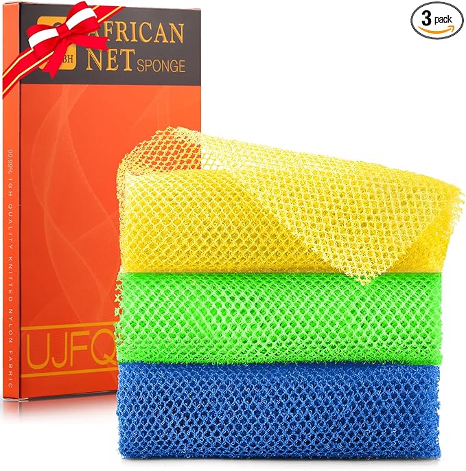 UJFQBH 3 Pieces African exfoliating net African Net Long Net Bath Sponge Exfoliating Shower Body Scrubber Back Scrubber Skin Smoother,Great for Daily Use (Yellow, Green, Blue)-VivaGrace Women