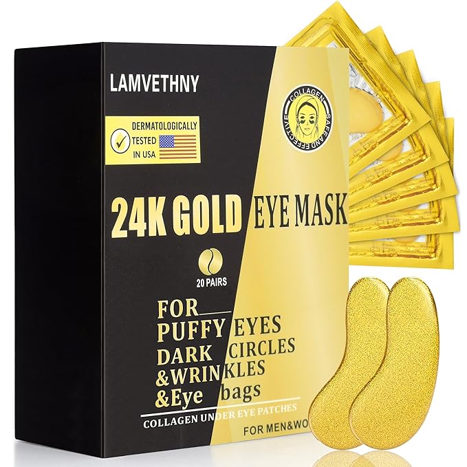 Eye Mask Under Eye Patches (20 Pairs) 24K Golden Under Eye Masks Hyaluronic Acid Eye Patches for Dark Circles and Puffiness, Reduce Wrinkles and Fine Lines Under Eye Area - Gold-VivaGrace Women