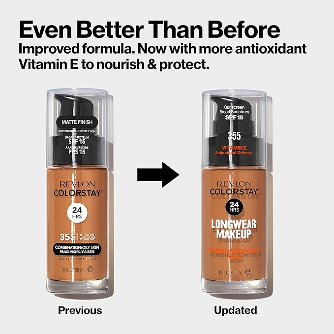 Revlon Liquid Foundation, ColorStay Face Makeup for Combination & Oily Skin, SPF 15, Medium-Full Coverage with Matte Finish, Almond (355), 1.0 oz-VivaGrace Women