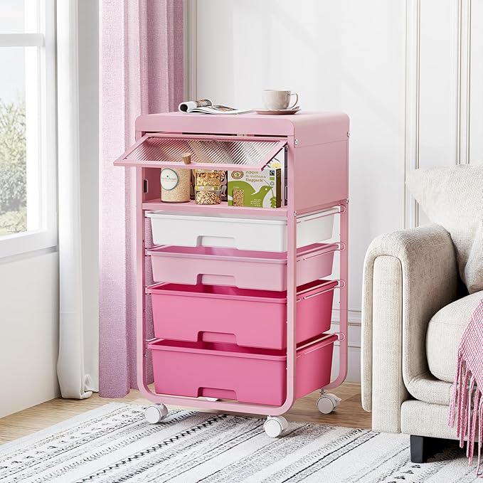 Utility-Rolling-Storage-Drawer-Craft-Cart-Organizers with 4 Drawers & Dust-Proof Door for Kid Craft Art Room,Bedroom,Home Office, Classroom, Rose Pink-VivaGrace Women