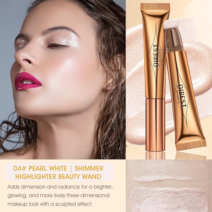 Liquid Highlighter Beauty Wand, Cream Liquid Highlighter Stick with Cushion Applicator, Lightweight Blendable, Long Lasting Silky Cream Highlighter Stick Contour Wand, Natural Face Shimmer Finish | 4# Highlight Pearl White-VivaGrace Women