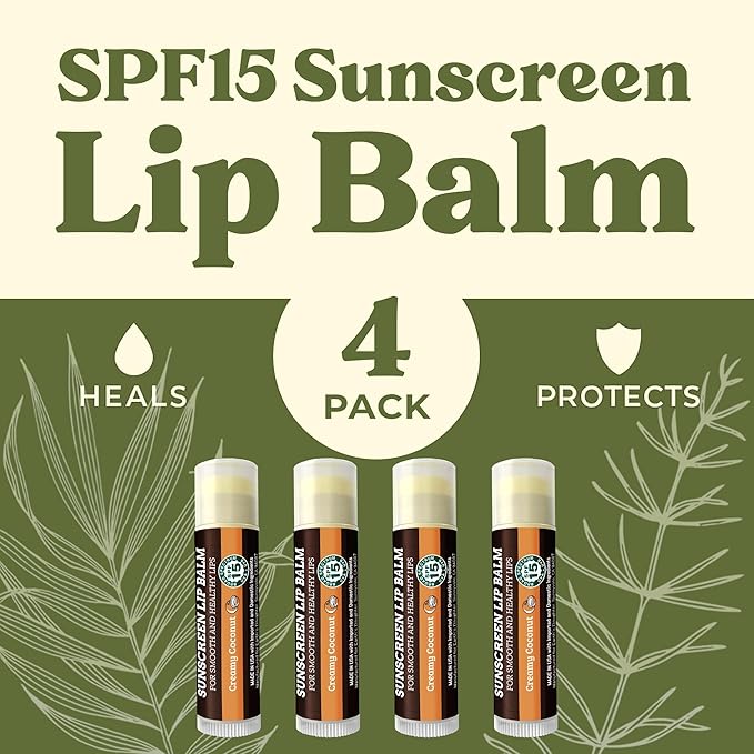 SPF Lip Balm 4-Pack by Earth's Daughter - Lip Sunscreen, SPF 15, Organic Ingredients, Coconut Flavor, Beeswax, Coconut Oil, Vitamin E - Hypoallergenic, Paraben Free, Gluten Free, New-VivaGrace Women