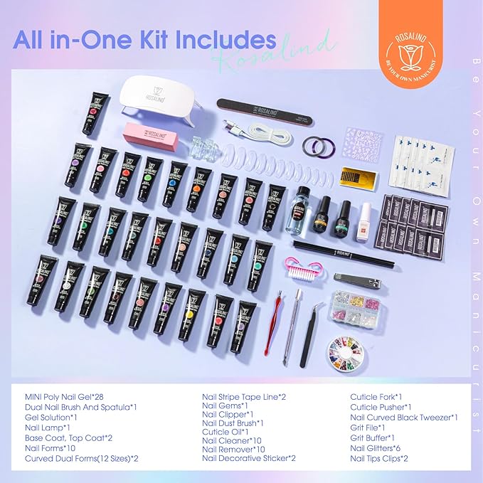 ROSALIND 28 Colors Poly Nail Gel Kit With Mini Lamp - Clear Neon Starter Kit for Beginners, Halloween, Spring, Summer With Everything-VivaGrace Women