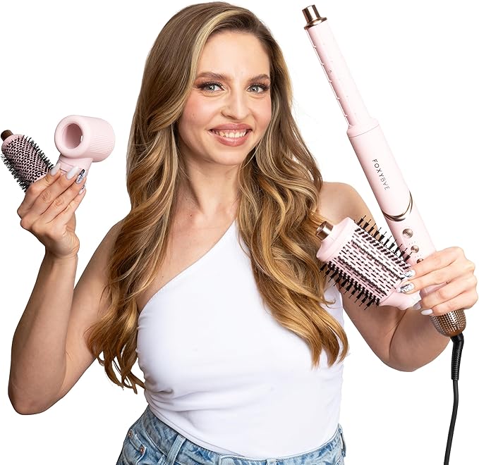 FoxyBae Super Styler Pro Interchangeable 5 in 1 Hair Styler Wand Curling Iron Set - w/Drying Cylinder, Ceramic Blowout & Round Brushes, 2 Auto-Wrap Curlers - Frizz-Free, Smooth Hair [Blush]-VivaGrace Women