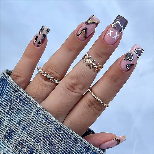 Square Press on Nails Medium Length Fake Nails with Glue Purple Acrylic False Nails with Brown Striped Love Heart Designs Glossy Gold Glitter Artificial Nails Fall Winter Stick on Nails 24Pcs