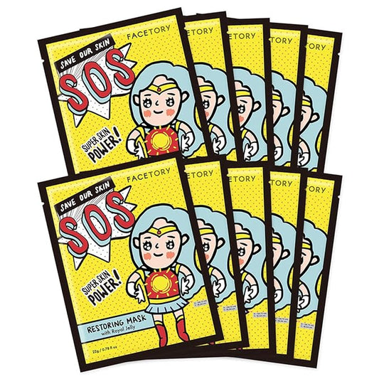 FACETORY K Beauty Face Mask Skin Care - SOS SAVE OUR SKIN RESTORING Sheet Mask with Royal Jelly & Aloe | De-Stress, Calm Inflammation, Dewy Skin (10 Pack)
