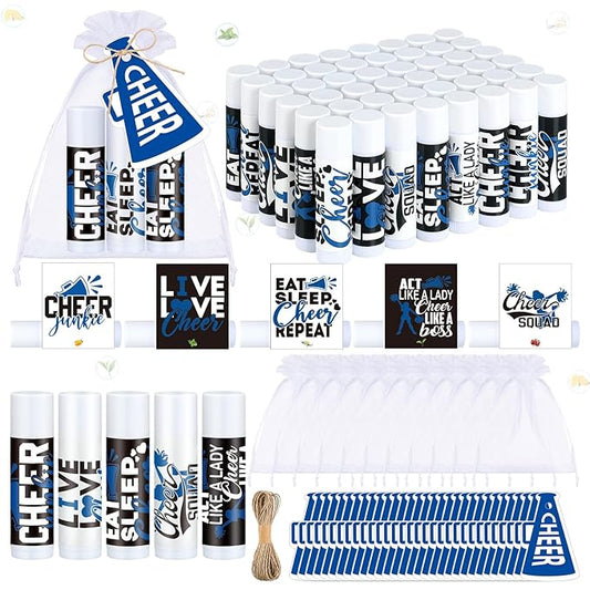 50 Sets Cheer Gifts Bulk 50 Cheer Lip Balm Bulk Moisturizing with 50 Organza Drawstring Gift Bags 50 Tags Cheerleader Gifts Cheer Gifts Bulk for Team (Blue)-VivaGrace Women