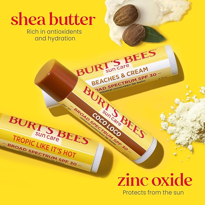 Burt’s Bees SPF 30 Lip Balm Mothers Day Gifts for Mom, Island Getaway - Coco Loco, Beaches & Cream, Tropic Like It's Hot, Water-Resistant Sun Care, Natural Origin Lip Treatment, 3 Tubes, 0.15 oz-VivaGrace Women