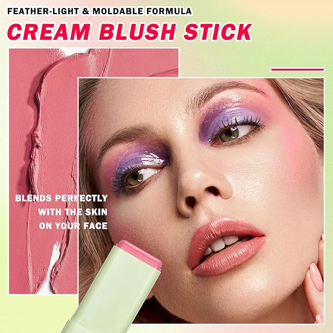 Multi-Use Cream Blush Stick,Soft Smooth Makeup Blush Stick for Cheeks Lips & Face,Waterproof Long Lasting Blendable Lightweight Face Blush Stick Matte Makeup for All Skin Types-VivaGrace Women