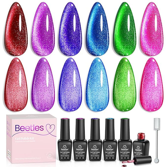 Beetles Cat Eye Gel Nail Polish, 6 Colors Summer Cat Eye Glitter Gel Polish Set Neon Red Pink Purple Blue Green with Magnet Velvet Gel Kit French Nail Art Manicure Gift for Women-VivaGrace Women