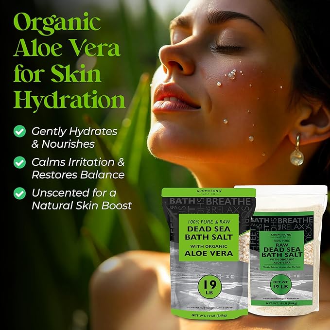 Aromasong 19 lbs RAW Dead Sea Salt with Organic Aloe Vera, not Cleaned, Still Contains All Dead sea Minerals Including Dead sea Mud, Fine Medium Grain Large resealable Bulk Pack - Packaging May Vary-VivaGrace Women