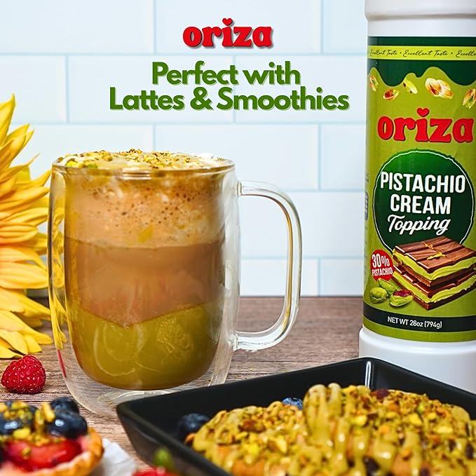 Oriza Pistachio Cream Topping, 28oz Bottle – Premium Pistachio Spread with 30% Pistachios, Palm Oil Free, Non-GMO, Natural Color – Dessert, Latte & Baking Cream