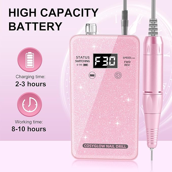 Professional Electric Nail Drill File:COSYGLOW Glitter Portable Cordless E-File Nail Drill Kit with 11 Drill Bits,30000 RPM Rechargeable Nail Drills Machine for Acrylic Nails Gel Polishing (Pink)-VivaGrace Women
