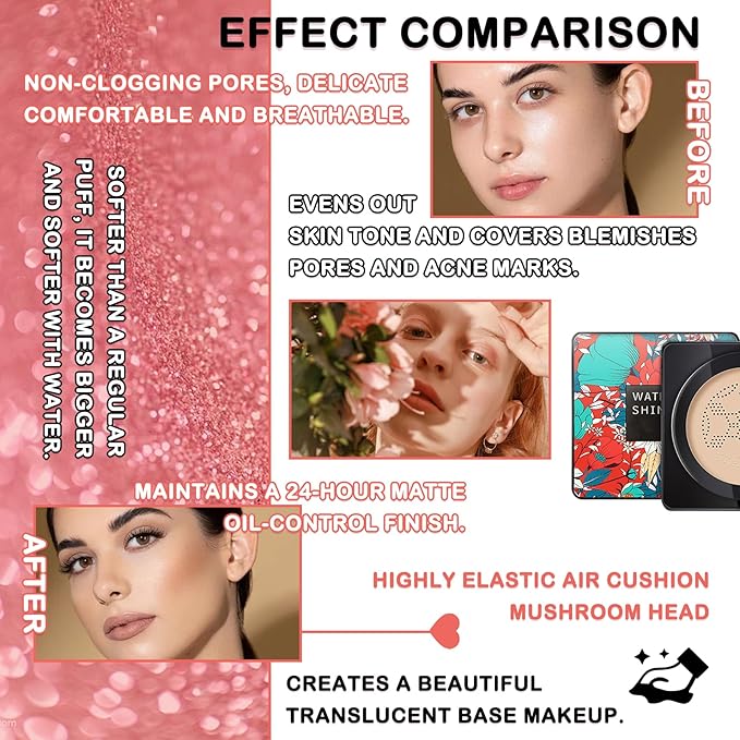 Mushroom Head Air Cushion CC Cream Full Coverage Liquid Foundation Set,Oil Control Concealer Lasting Moisturizing BB Cream,Loose Setting Face Powder Moisturizer Base Primer Makeup with Makeup Sponge-VivaGrace Women