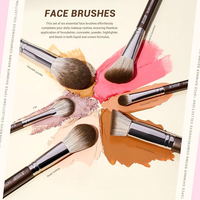 Jessup Makeup Brushes Set 15pcs Brown Make up Brushes Set Professional Premium Synthetic Foundation Eyebrow Concealer Blush Eyeshadow Contour Eyeliner Powder Blending Highlighter Brush, T498-VivaGrace Women