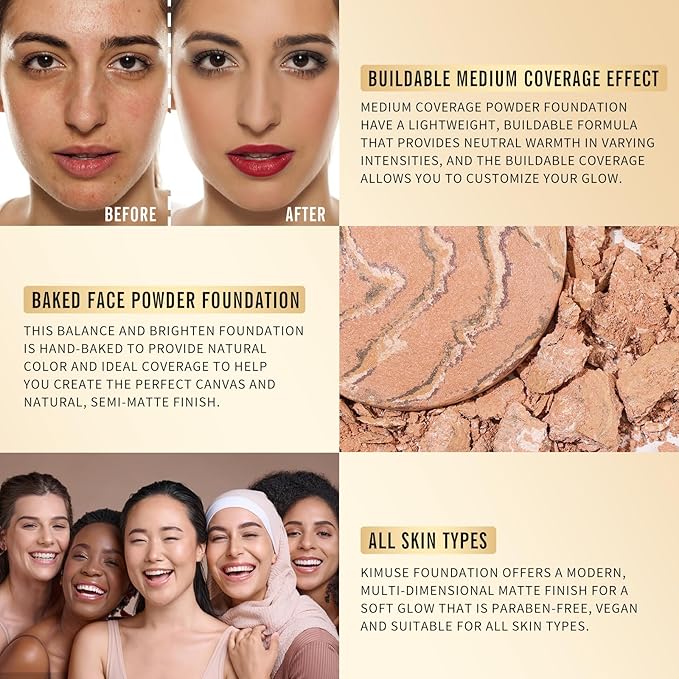 KIMUSE Lighting Glow Baked Foundation, Brighten Color, Color Corrector, Buildable Coverage, Lightweight Powder Foundation, Radiant Natural Finish-VivaGrace Women