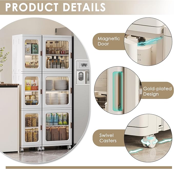 VECELO 4-Tier Plastic Tall Narrow Storage Cabinet with Movable Wheels, Adjustable Shelves, Magnetic Doors, Slim Bathroom Organizers and Storage for Small Space, Bathroom, Kitchen, Laundry, White-VivaGrace Women