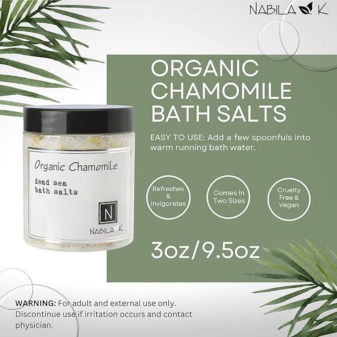 Organic Chamomile Bath Salts by Nabila K - Dead Sea Salt & Epsom Salt Scrub & Soak - Exfoliates & Hydrates Skin, Botanical Essential Oils - Bubble Bath Accessories for All Skins Types, 2 oz-VivaGrace Women
