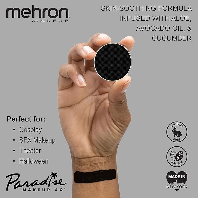 Mehron Makeup Paradise Makeup AQ Refill Size | Stage & Screen, Face & Body Painting, Beauty, Cosplay, and Halloween | Water Activated Face Paint, Body Paint, Cosplay Makeup .25 oz (7 ml) (BLACK)-VivaGrace Women