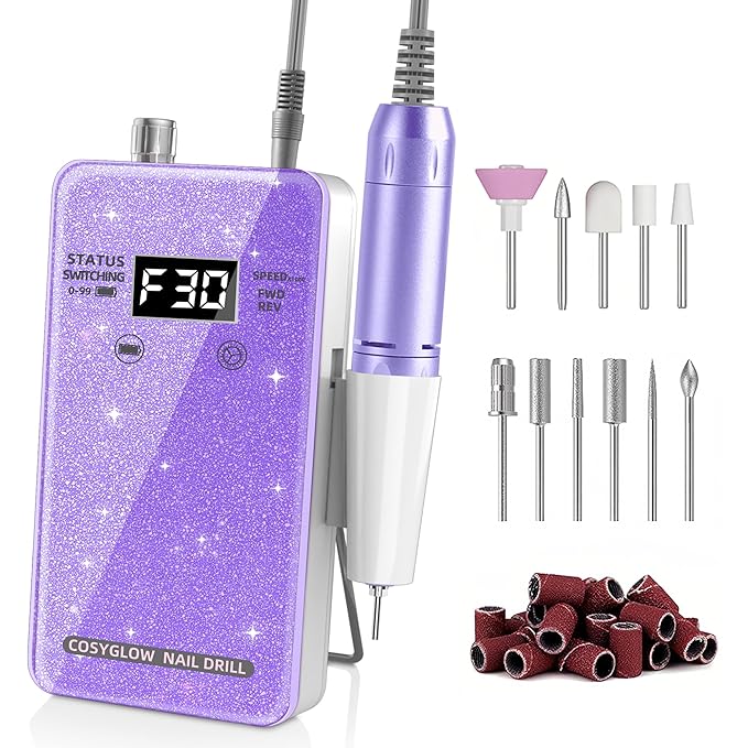 Professional Electric Nail Drill File:COSYGLOW Glitter Portable Cordless E-File Nail Drill Kit with 11 Drill Bits,30000 RPM Rechargeable Nail Drills Machine for Acrylic Nails Gel Polishing(Purple)-VivaGrace Women