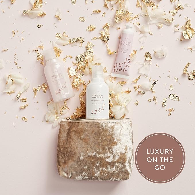 Thymes Perfumed Travel Set and Beauty Bag - Contains Body Wash, Body Lotion & Hand Cream - Goldleaf Gardenia-VivaGrace Women