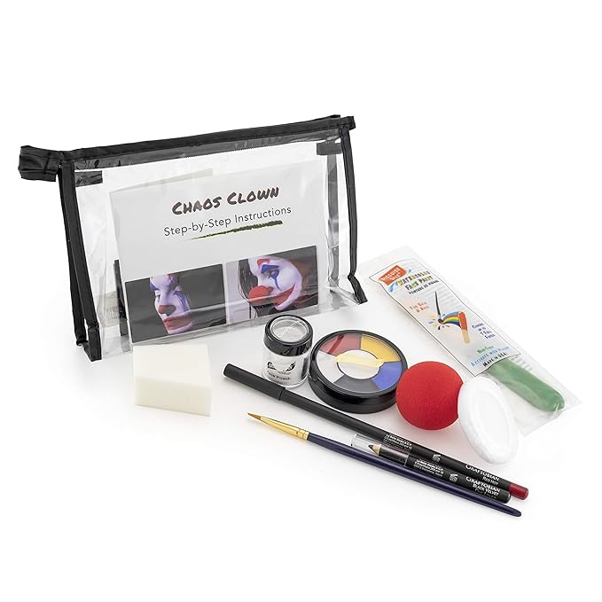 Graftobian Chaos Clown Makeup Kit - Complete 10 Piece Set for Joker Jester or Clown Halloween Costume - Full Color Instructions (Standard)-VivaGrace Women