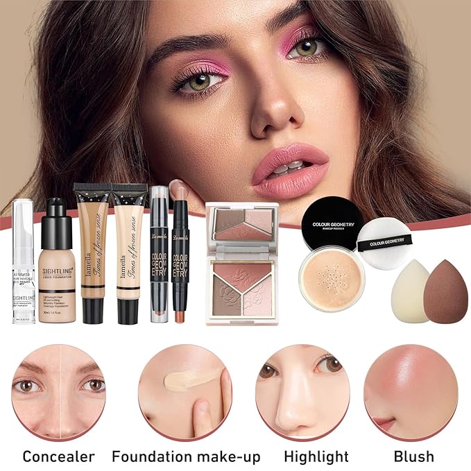 All In One Makeup Kit, Travel Makeup Kit, Makeup Gift Set, Makeup Kit for Women Full Kit, Makeup Bundle Includes Foundation Eyeshadow Palette Lipstick Eyeliner Mascara Contour Stick Cosmetic Brush Set-VivaGrace Women