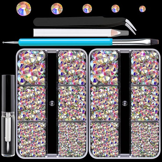 Colorful Face Gems for Makeup Set, Flatback Gorgeous Charming AB Glass Gem with Makeup Glue+Picker Pencil+Tweezer+Dual-End Dotting Tool for Eye Body Hair Make-up and Nail Art Deco-VivaGrace Women