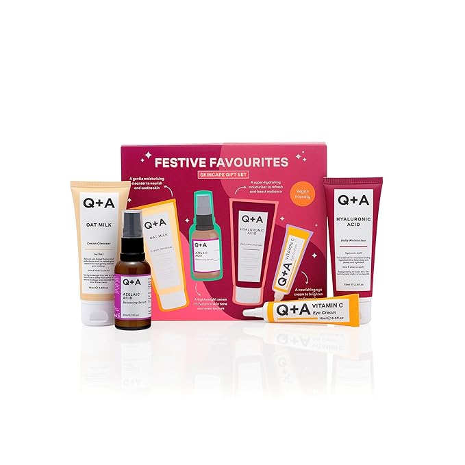 Q+A Festive Favourites Gift Set, containing a Hyaluronic Acid Moisturiser (75ml), an Oat Milk Cream Cleanser (75ml), an Azelaic Acid Serum (30ml), and a Caffeine Eye Serum (15ml)-VivaGrace Women