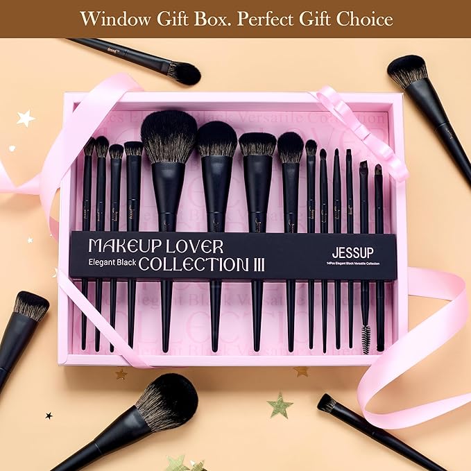 Jessup Makeup Brushes Set Jessup Make up Brushes 14Pcs Black Kabuki Foundation Eyeshadow Contour Concealer Powder Eyeliner Crease Eyebrow Blending Brush with Gift Box, T336-G-VivaGrace Women