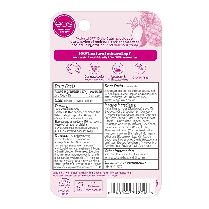 eos Natural SPF 15 Lip Balm- Pineapple Coconut, Daily Protection, Water Resistant, 0.14 oz-VivaGrace Women