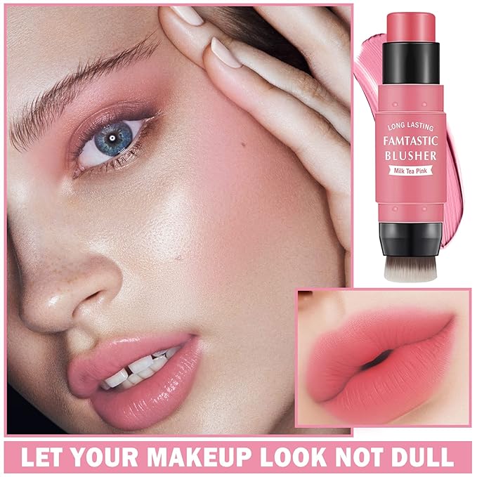 Cream Blush Stick with Brush,Waterproof Blush Makeup,Long Lasting 3 In 1 Cheek Blush & Lip Tint & Eye Shadow Makeup Stick,Easy To Use Blends Effortlessly,Cream Blush Makeup for All Skin Tones - Cherry Pink-VivaGrace Women