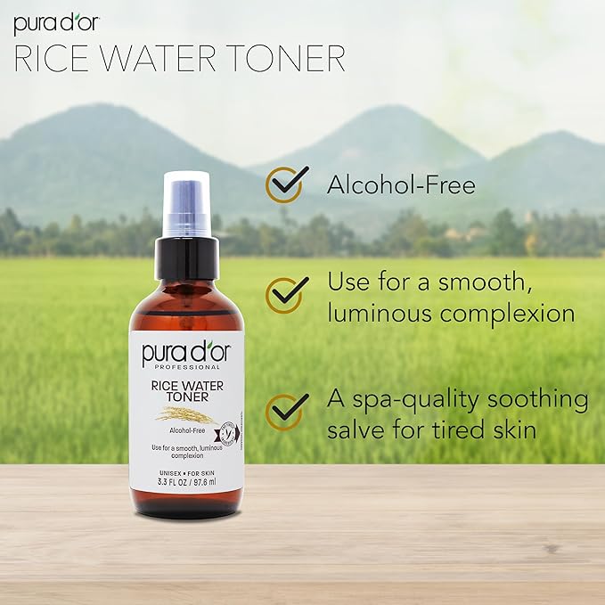 PURA D'OR 3.3 Oz Rice Water Facial Toner - Hydrating, Balancing & Soothing Formula with Natural Extracts - Skin Texture Support for Radiant Skin - Alcohol-Free - Travel Size-VivaGrace Women