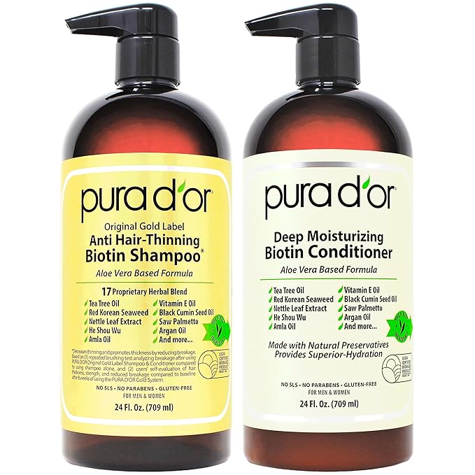 PURA D'OR Anti-Thinning Biotin Shampoo & Deep Moisturizing Conditioner Original Gold Label Set (24oz x2) Natural Earthy Scent, CLINICALLY TESTED Effective Results, Hair Thickening Product, Women & Men-VivaGrace Women