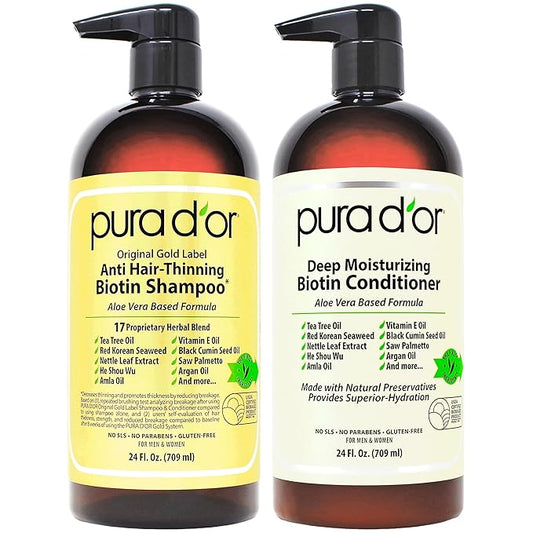 PURA D'OR Anti-Thinning Biotin Shampoo & Deep Moisturizing Conditioner Original Gold Label Set (24oz x2) Natural Earthy Scent, CLINICALLY TESTED Effective Results, Hair Thickening Product, Women & Men-VivaGrace Women