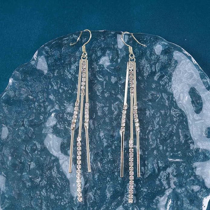 Vintage Crystal Tassel Earrings Rhinestone Bar Drop Earrings Long Rhinestone Chain Earrings Gold Cz Bar Hook Earrings Sparkle Tennis Chain Earrings Jewelry for Women-VivaGrace Women
