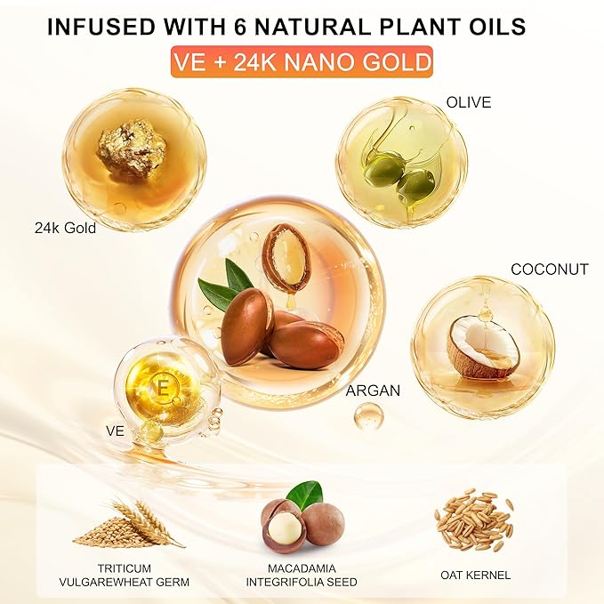 24K Gold Hair Oil, Repair Shine Serum with Coconut, Argan & Olive Oils - Heat Protectant and Frizz Control - Vegan, Lightweight Leave-In Treatment for Dry Damaged Hair (2.02 Fl Oz (Pack of 1))-VivaGrace Women