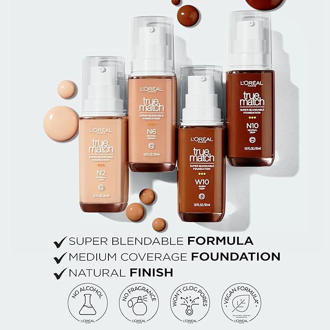 L'Oreal Paris True Match Super-Blendable Foundation, Medium Coverage Liquid Foundation Makeup, W1, Light, 1 Fl Oz-VivaGrace Women