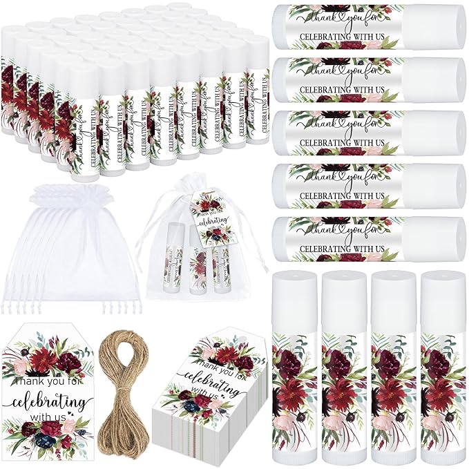 Dunzy 50 Pack Bridal Shower Favors Gifts Bulk Burgundy Floral Lip Balms Party Supplies Wedding Party Favors Bachelorette Prizes Souvenirs Thank You Appreciation Gifts for Guests Women Coworker Staff-VivaGrace Women