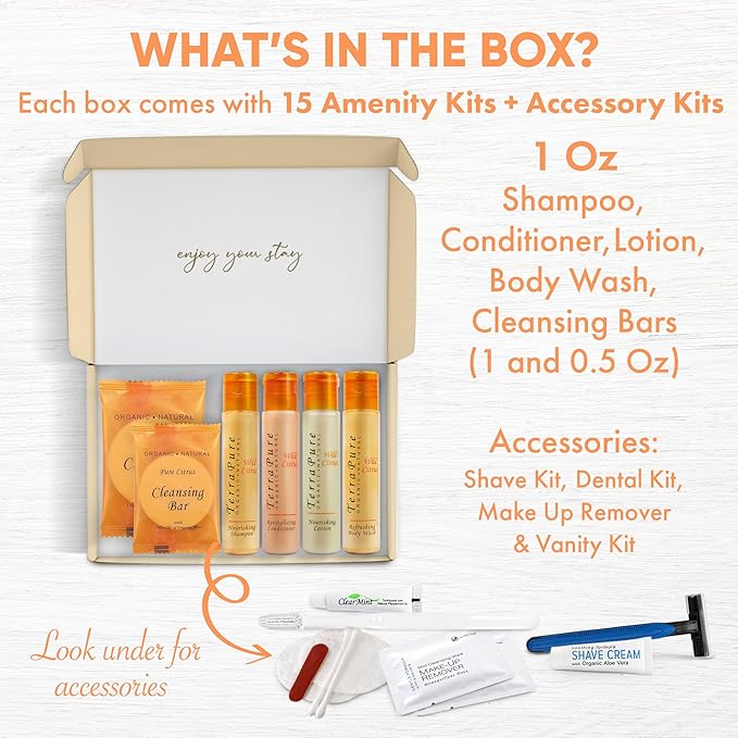 Terra Pure Amenity & Accessory Kit |1 oz Travel Size Shampoo, Conditioner, Lotion, Body Wash, 2 Cleansing Bars, Shave & Dental Sets, Make-Up Remover Wipes, & Vanity Kit | 15 sets per case-VivaGrace Women